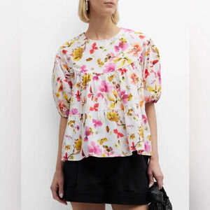 906 Merlette Floral Puff Sleeve Short Sleeve Blouse Size XS Color White Pink